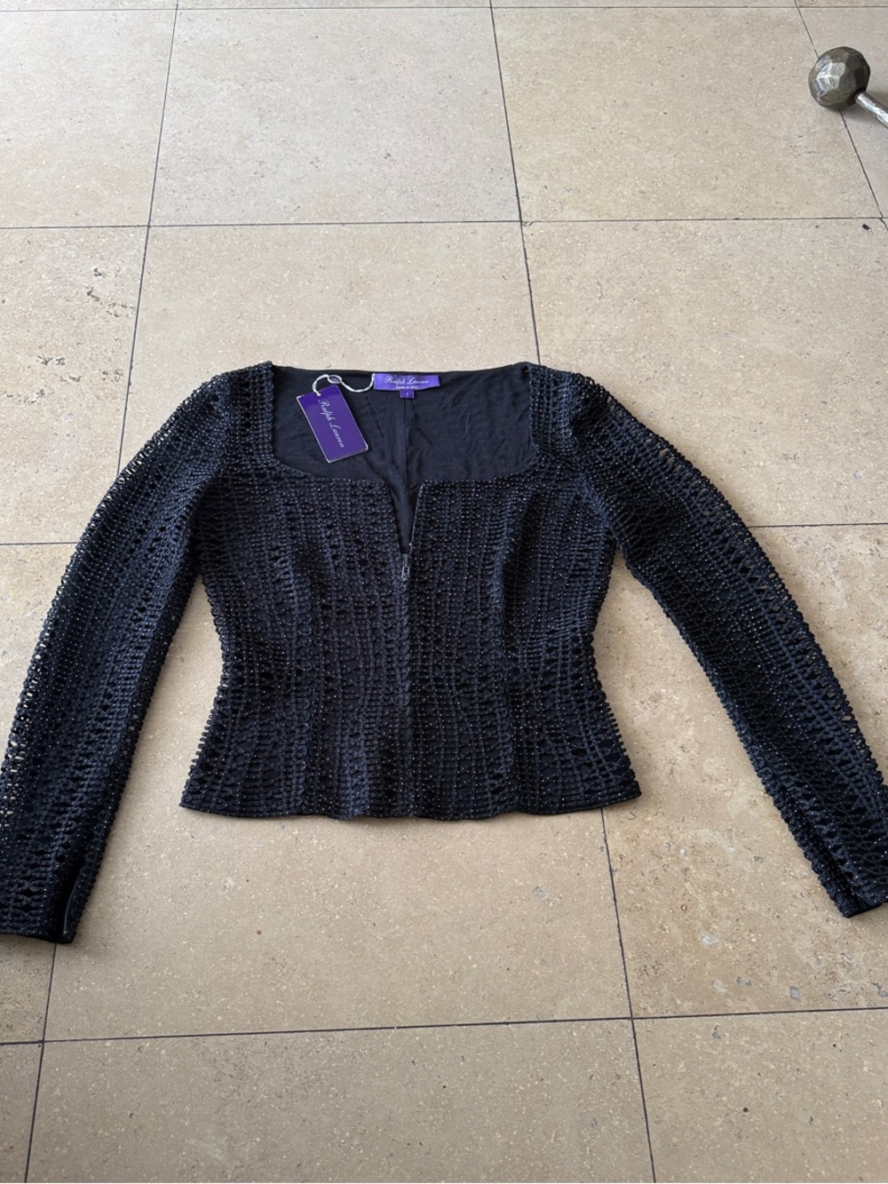 Ralph Lauren Purple Label Black Crochet Cardigan Jacket Beaded